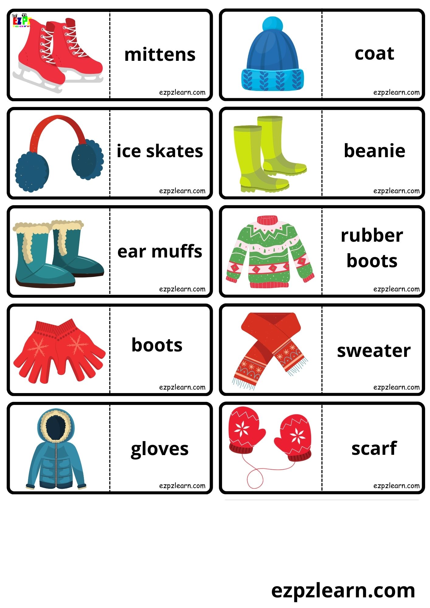 Winter Clothes Vocabulary Dominoes Matching Game for Kids and